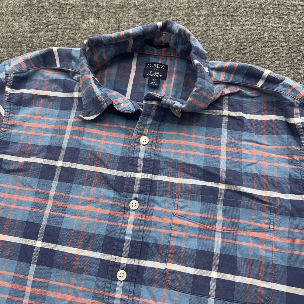 J Crew Shirt Mens Medium Blue Plaid Button Collar Slim Flex Oxford Preppy Cotton